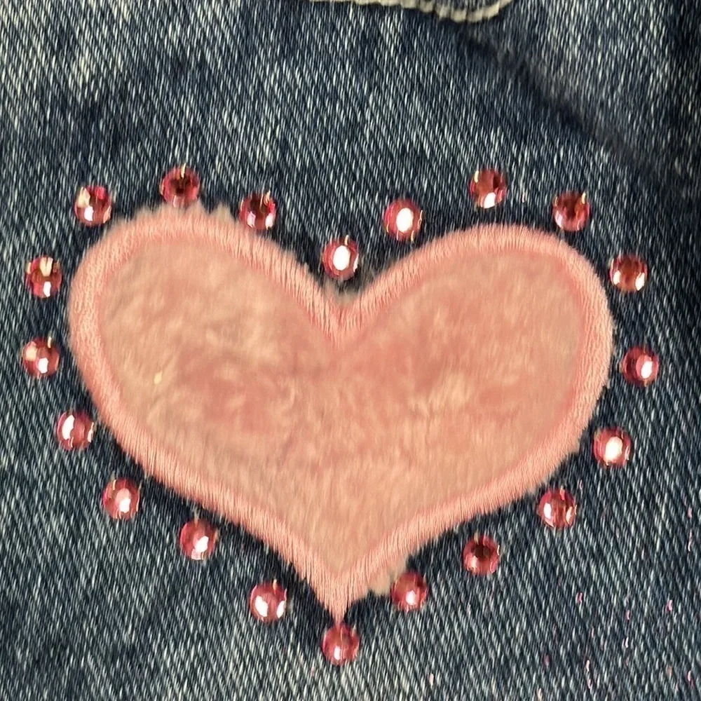 Disney Kids Jeans with pink hearts & rhinestones, with glitter fabric, 6 6X